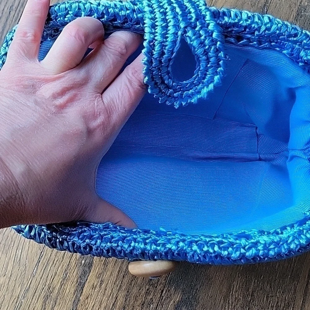 Raffia Blue Handmade Croshet Knitted Evening Pouch Clutch Bag Made in Japan